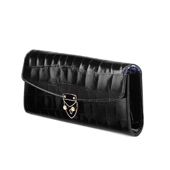 Aspinal x Beulah Blue Heart Clutch in Deep Shine Black Croc from Aspinal of London