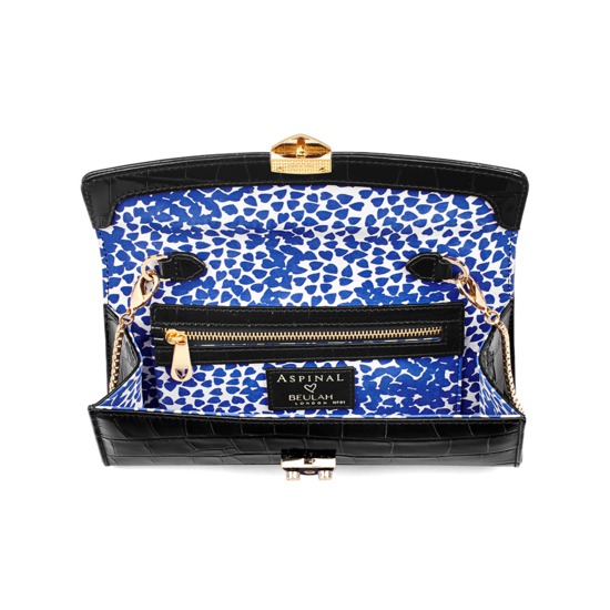 Aspinal x Beulah Blue Heart Clutch in Deep Shine Black Croc from Aspinal of London
