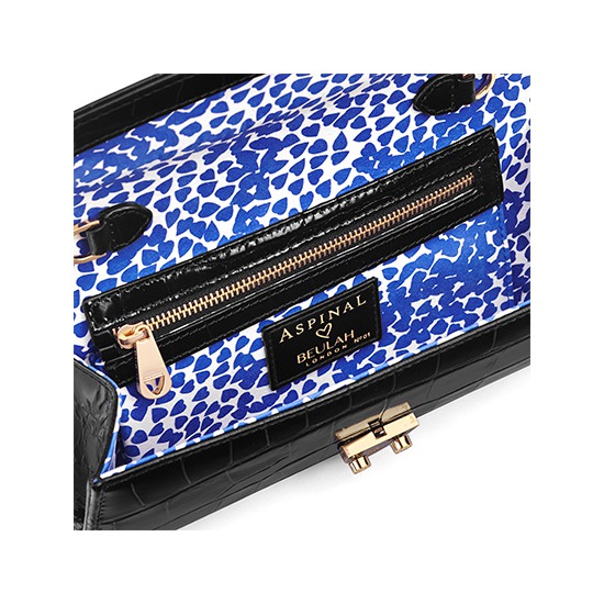Aspinal x Beulah Blue Heart Clutch in Deep Shine Black Croc from Aspinal of London