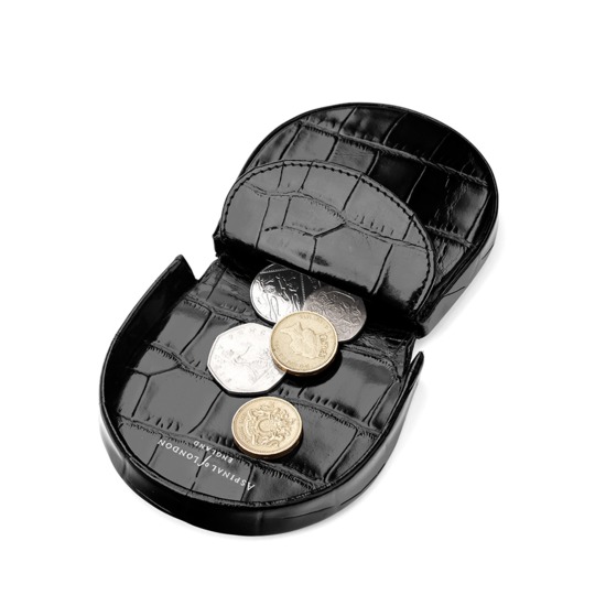 Horseshoe Coin Holder in Deep Shine Black Croc from Aspinal of London