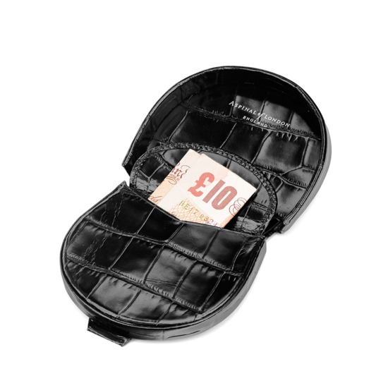 Horseshoe Coin Holder in Deep Shine Black Croc from Aspinal of London