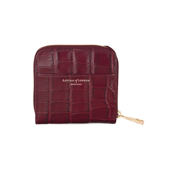 Mini Continental Zipped Coin Purse in Deep Shine Bordeaux Croc from Aspinal of London