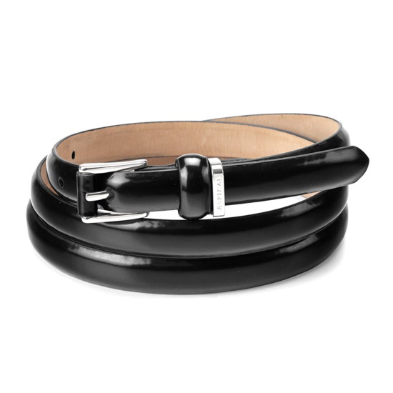 Ladies Skinny Westbourne Belt in Black Polish with Silver Buckle from Aspinal of London