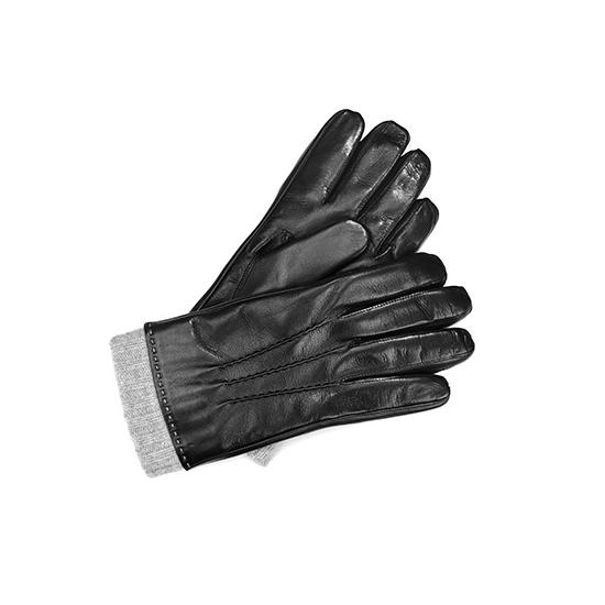 Mens Leather Gloves with Knitted Cuff in Black Nappa & Grey Knit from Aspinal of London