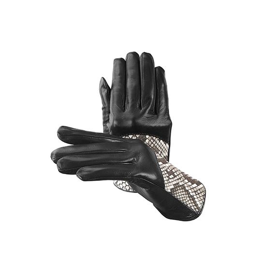 Ladies Python Leather Gloves in Black Nappa & Natural Python from Aspinal of London