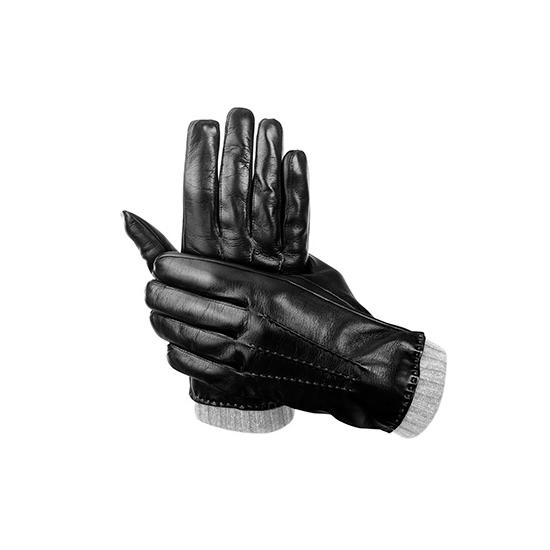 Mens Leather Gloves with Knitted Cuff in Black Nappa & Grey Knit from Aspinal of London