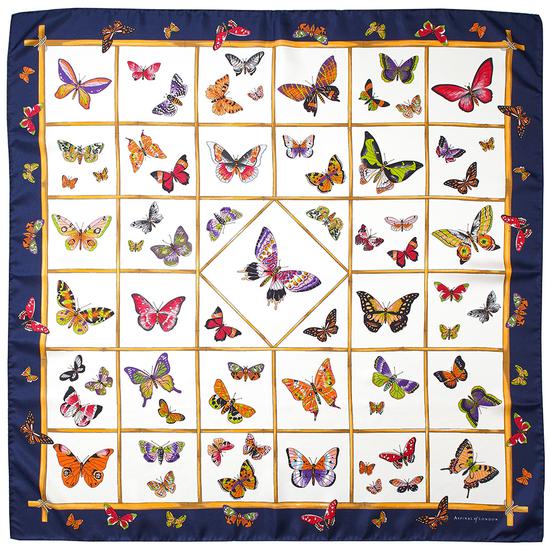 Multi Coloured Butterflies Silk Scarf in Midnight Blue from Aspinal of London