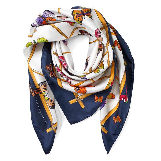 Multi Coloured Butterflies Silk Scarf in Midnight Blue from Aspinal of London