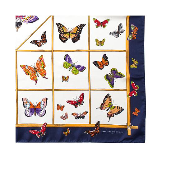 Multi Coloured Butterflies Silk Scarf in Midnight Blue from Aspinal of London