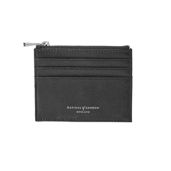 Zip Top Coin & Card Case in Black Saffiano & Black Suede from Aspinal of London