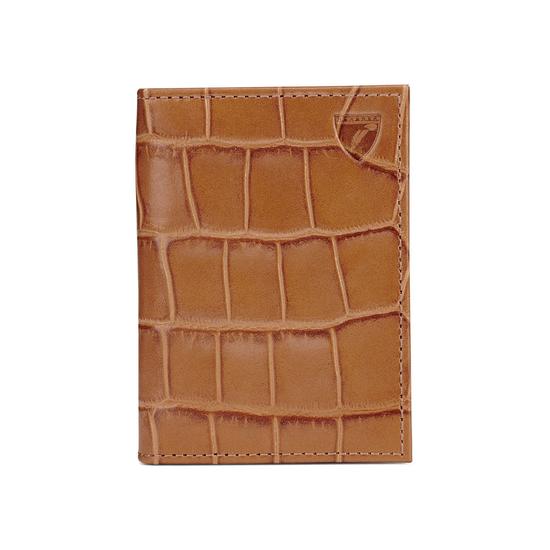 Double Credit Card Case with Back Pocket in Deep Shine Vintage Tan Croc & Cappuccino Suede from Aspinal of London