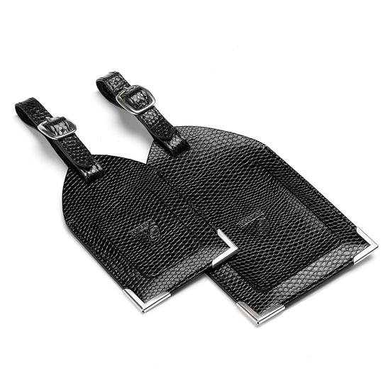 Set of 2 Luggage Tags in Jet Black Lizard from Aspinal of London