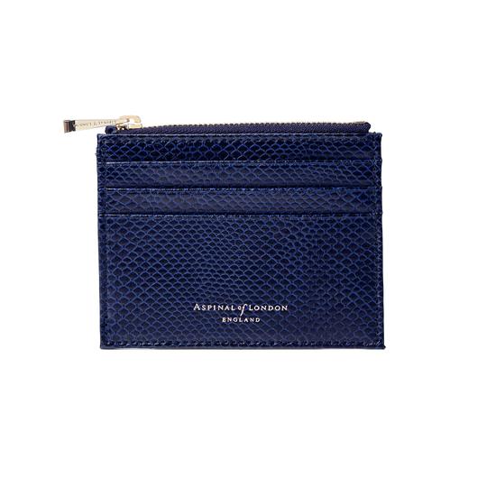 Zip Top Coin & Card Case in Midnight Blue Lizard & Cream Suede from Aspinal of London
