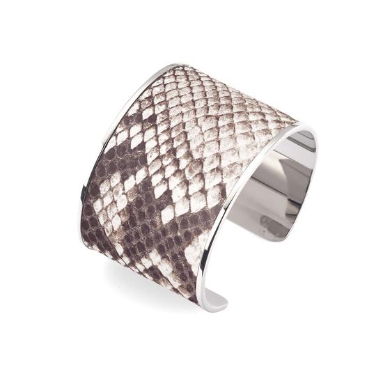 Silver Cleopatra Cuff Bracelet in Embossed Natural Python Print from Aspinal of London