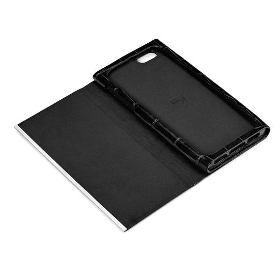 iPhone 7/8 Leather Book Case in Deep Shine Black Croc & Black Suede from Aspinal of London