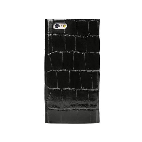 iPhone 7/8 Leather Book Case in Deep Shine Black Croc & Black Suede from Aspinal of London