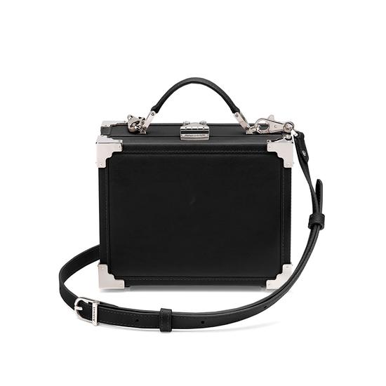 Mini Trunk Clutch in Smooth Black with Silver Hardware from Aspinal of London