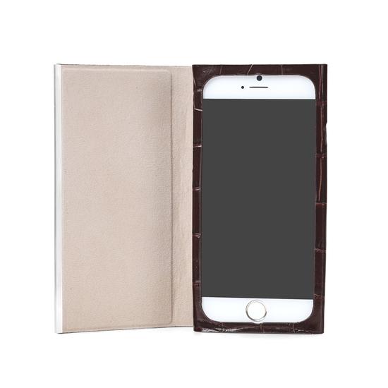 iPhone 7/8 Leather Book Case in Deep Shine Amazon Brown Croc & Stone Suede from Aspinal of London