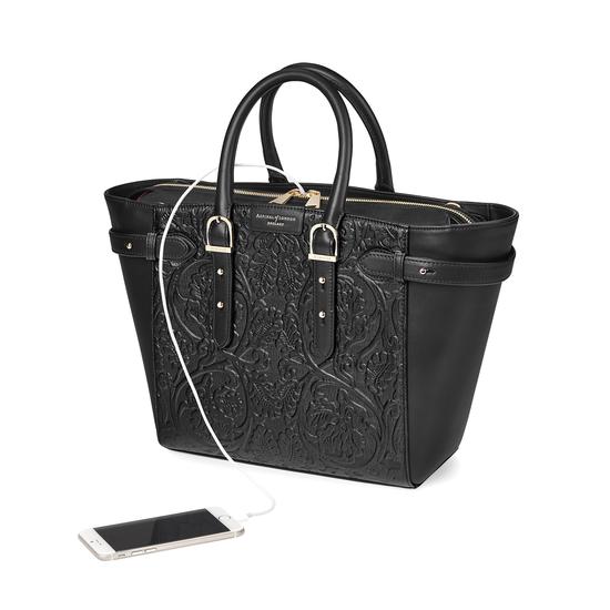 Midi Marylebone Tech Tote in Black Embossed Flower from Aspinal of London