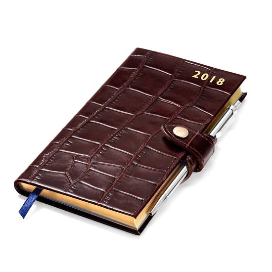 Slim Pocket Leather Diary with Pen in Deep Shine Amazon Brown Croc from Aspinal of London