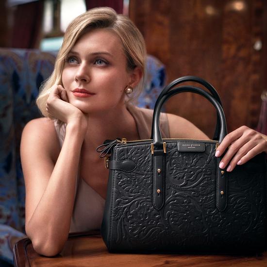 Brook Street Bag in Black Embossed Flower from Aspinal of London