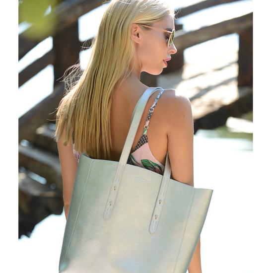 Essential Tote in Silver Saffiano & Navy Suede from Aspinal of London