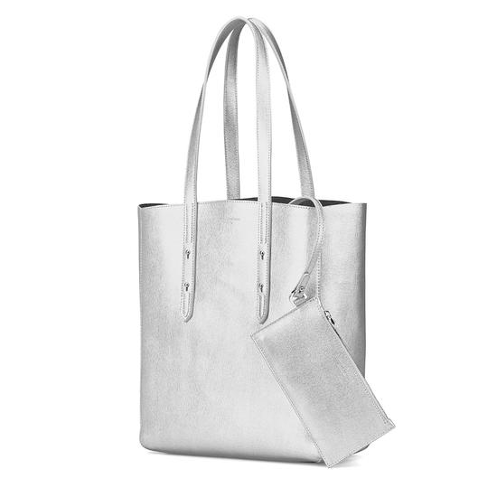 Essential Tote in Silver Saffiano & Navy Suede from Aspinal of London