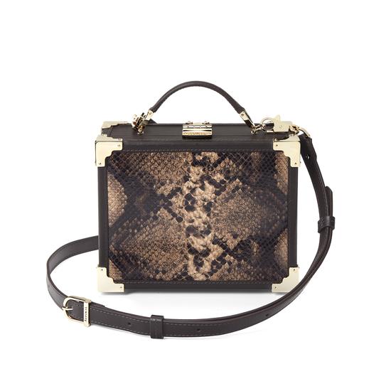 Mini Trunk Clutch in Smooth Dark Brown & Tan Snake Print from Aspinal of London