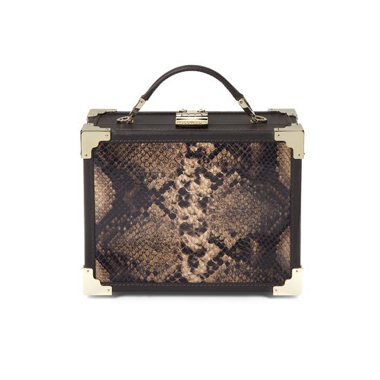 Mini Trunk Clutch in Smooth Dark Brown & Tan Snake Print from Aspinal of London