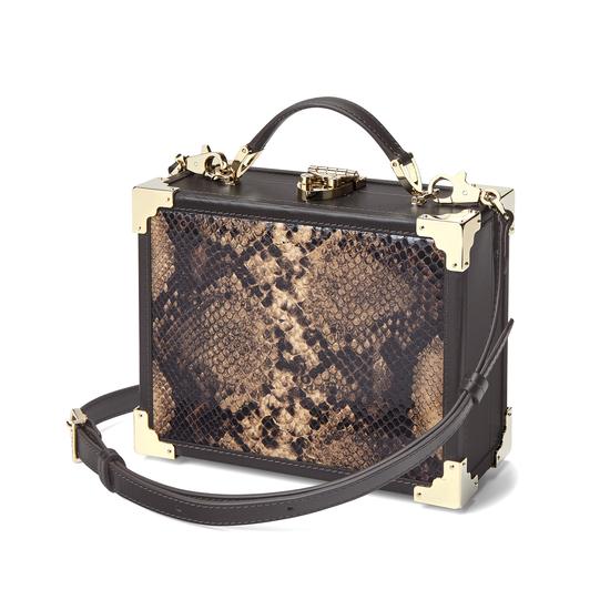 Mini Trunk Clutch in Smooth Dark Brown & Tan Snake Print from Aspinal of London