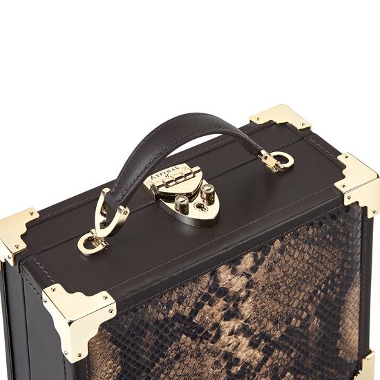 Mini Trunk Clutch in Smooth Dark Brown & Tan Snake Print from Aspinal of London