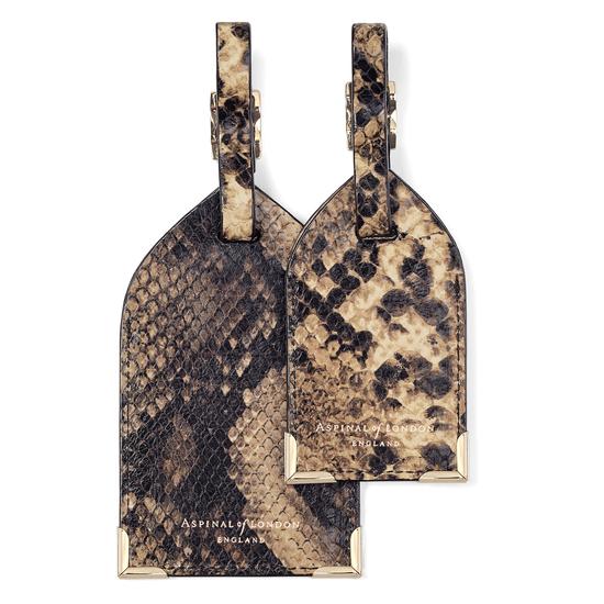 Set of 2 Luggage Tags in Tan Snake Print from Aspinal of London