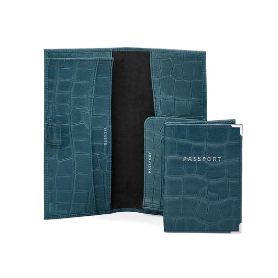 Lindberg Travel Wallet with Passport Cover in Teal Nubuck Croc from Aspinal of London
