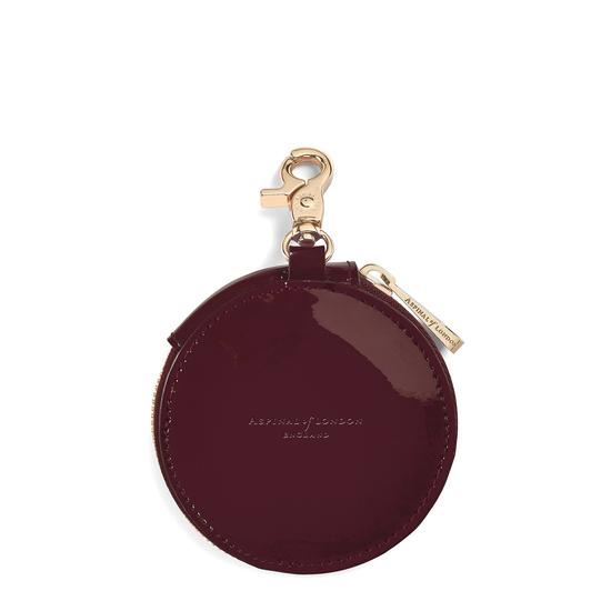 Round Coin Purse with Keyring in Deep Shine Cherry Patent from Aspinal of London