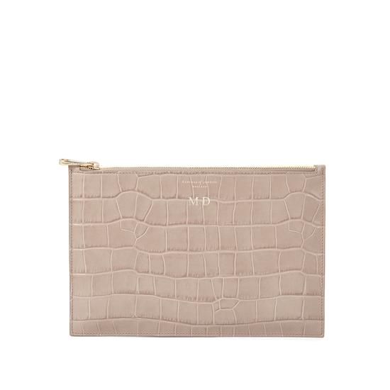 Large Essential Flat Pouch in Deep Shine Soft Taupe Croc from Aspinal of London