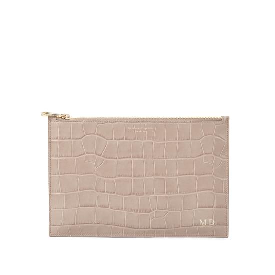 Large Essential Flat Pouch in Deep Shine Soft Taupe Croc from Aspinal of London