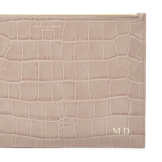 Large Essential Flat Pouch in Deep Shine Soft Taupe Croc from Aspinal of London