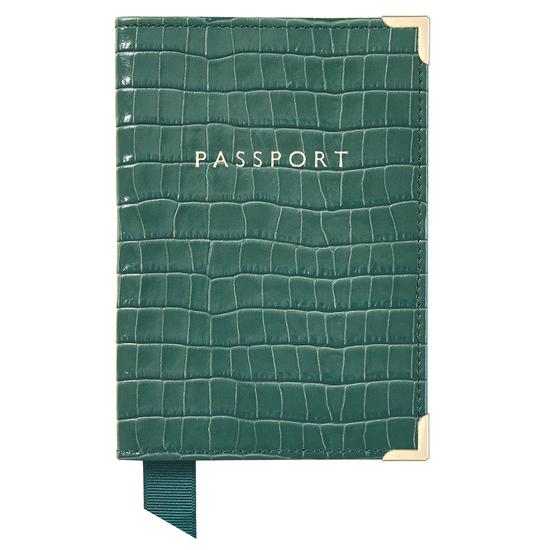 Passport Cover in Deep Shine Sage Small Croc from Aspinal of London