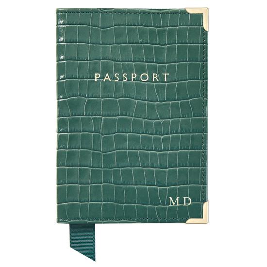 Passport Cover in Deep Shine Sage Small Croc from Aspinal of London