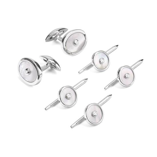White Mother of Pearl Shirt Studs /& Cufflinks Set Dress Stud Set with Box Tudexo