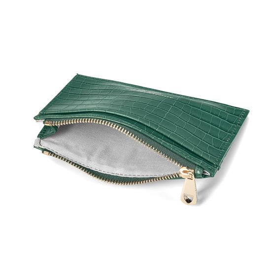 Double Sided Zipped Card & Coin Holder in Deep Shine Sage Small Croc from Aspinal of London