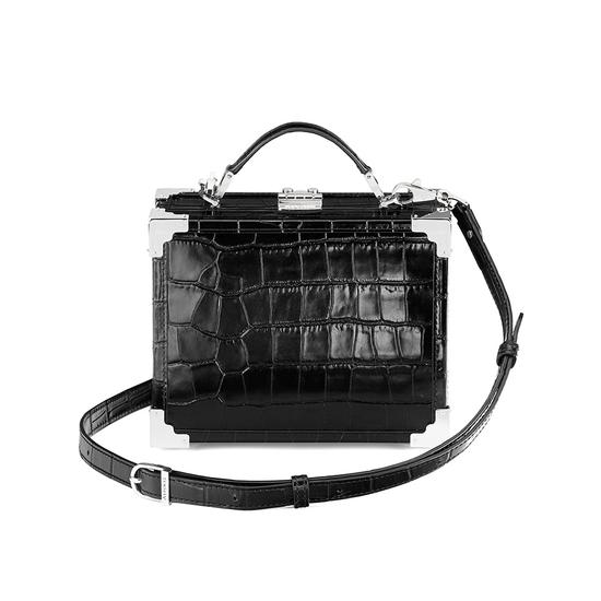 Mini Trunk Clutch in Deep Shine Black Croc with Silver Hardware from Aspinal of London