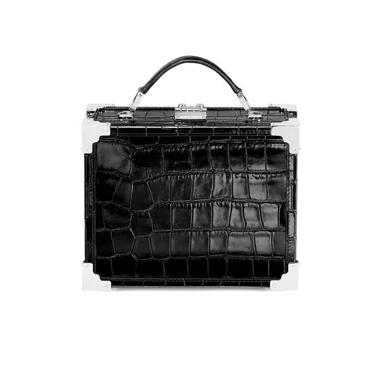 Mini Trunk Clutch in Deep Shine Black Croc with Silver Hardware from Aspinal of London