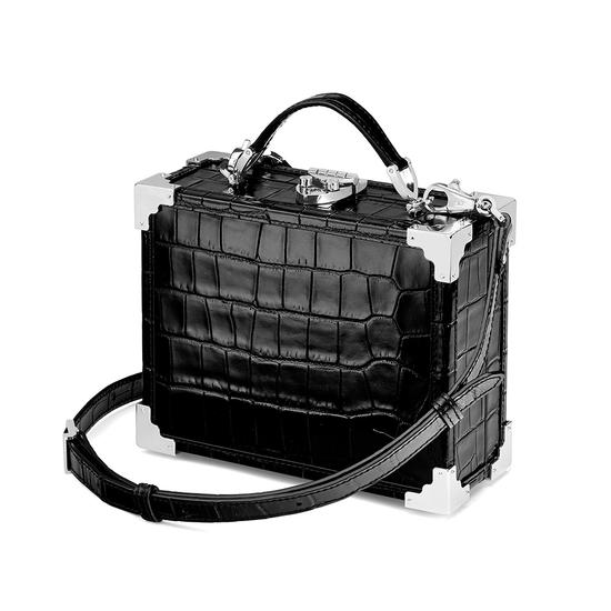 Mini Trunk Clutch in Deep Shine Black Croc with Silver Hardware from Aspinal of London