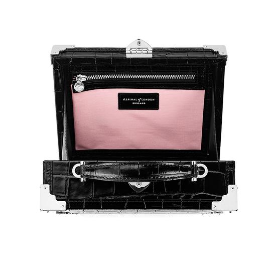 Mini Trunk Clutch in Deep Shine Black Croc with Silver Hardware from Aspinal of London