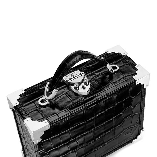 Mini Trunk Clutch in Deep Shine Black Croc with Silver Hardware from Aspinal of London