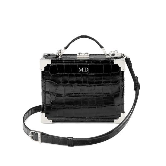Mini Trunk Clutch in Deep Shine Black Croc with Silver Hardware from Aspinal of London