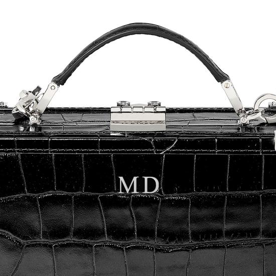 Mini Trunk Clutch in Deep Shine Black Croc with Silver Hardware from Aspinal of London