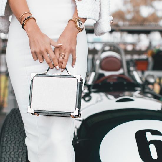 Mini Trunk Clutch in Monochrome Saffiano from Aspinal of London