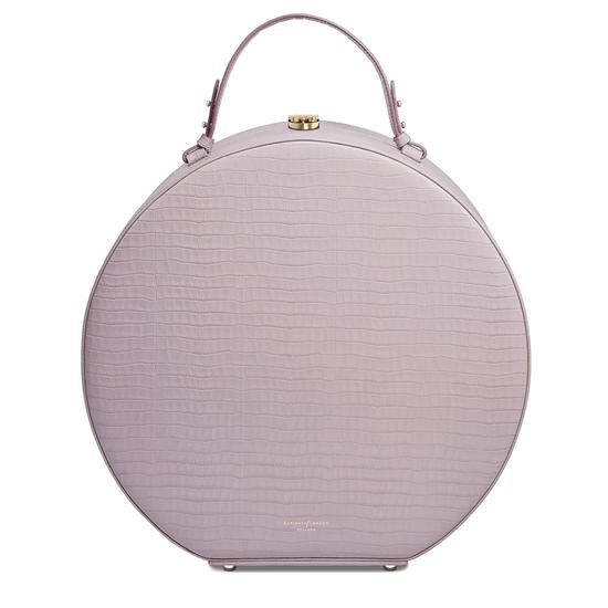 Large Hat Box in Deep Shine Lilac Small Croc from Aspinal of London